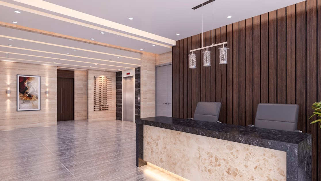 Recepção moderna de imobiliária representando gestão profissional de locação