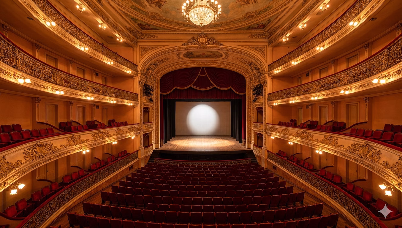 Interior de teatro histórico com poltronas vermelhas e palco iluminado