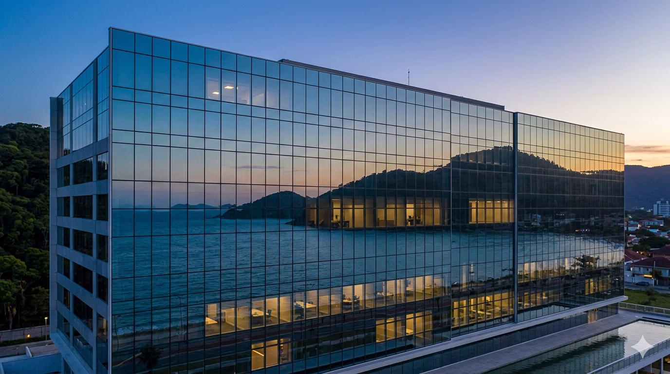 Fachada de edifício de vidro refletindo montanhas e mar ao entardecer em Florianópolis