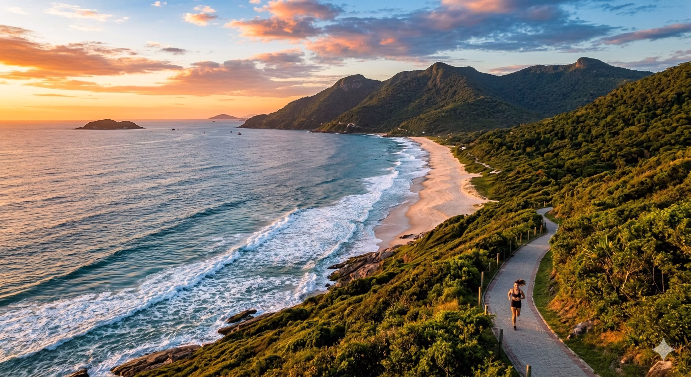 Corredor em trilha costeira com vista aérea da praia de Florianópolis ao pôr do sol