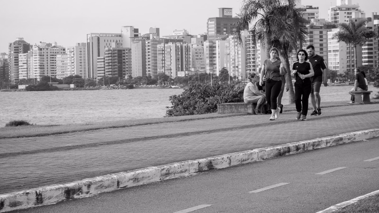 Rua à beira-mar em bairro de Florianópolis, com pedestres